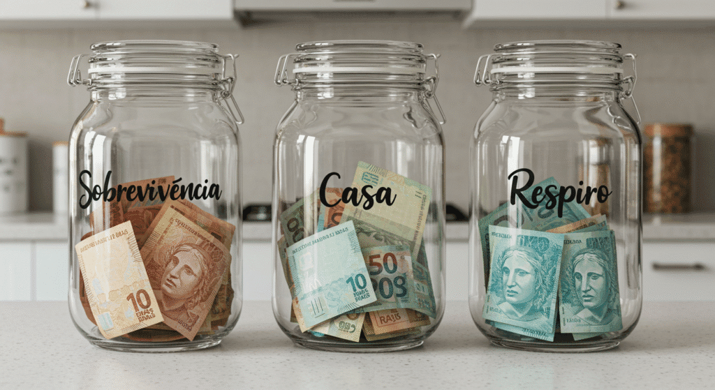 Três potes transparentes com dinheiro dividido para orçamento semanal das categorias básicas