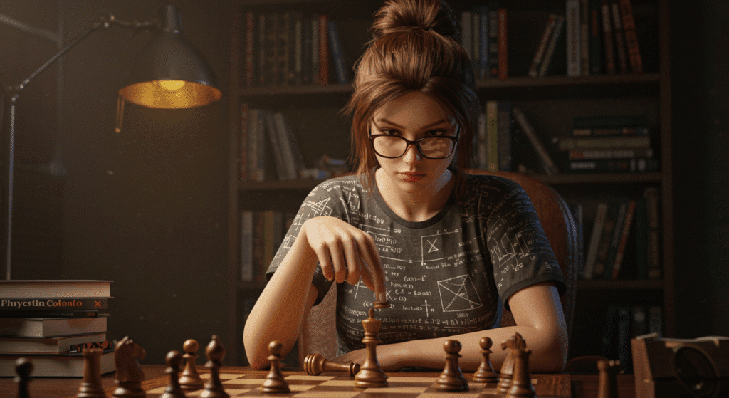 IMAGEM DE UMA MULHER NERD JOGANDO XADREZ