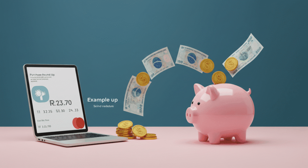 Ilustração de arredondamento automático de compras com centavos indo para poupança