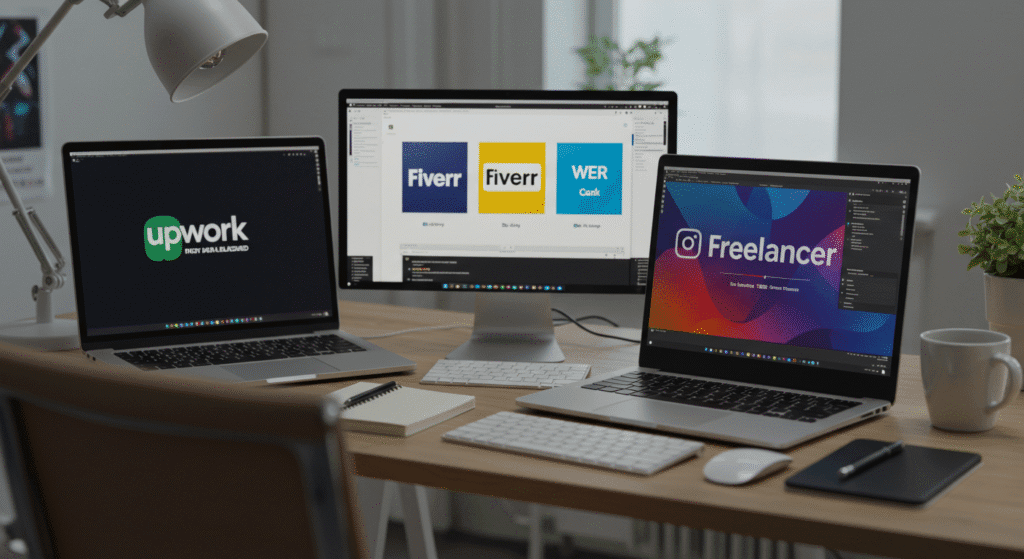 Múltiplas telas de laptop exibindo interfaces de diferentes plataformas de freelancer como Upwork e Fiverr
