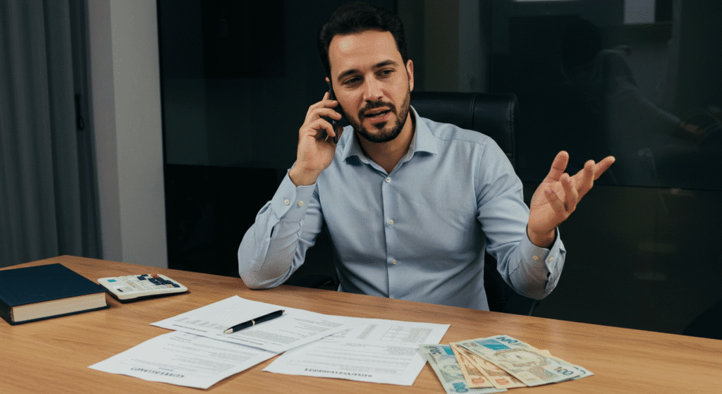 Pessoa negociando dívidas por telefone com banco de forma estratégica e organizada