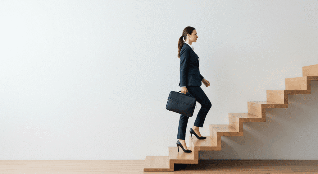 Pessoa subindo escadas passo a passo, representando estratégia gradual para começar a investir