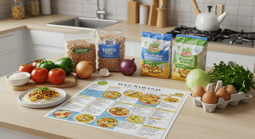 Preparação de refeições econômicas semanais com ingredientes básicos brasileiros organizados