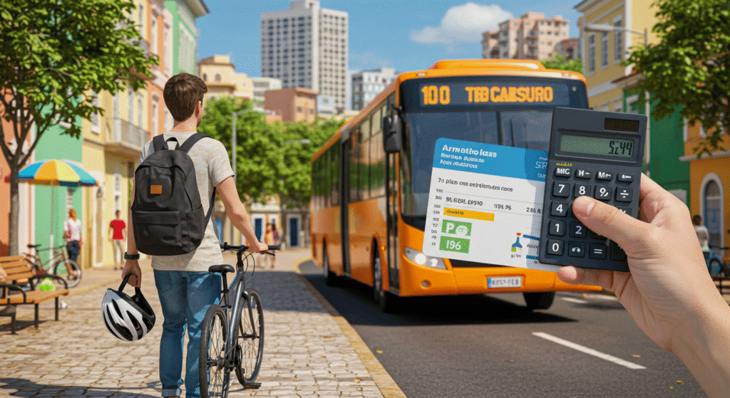 Alternativas de transporte público econômico com calculadora mostrando custos de locomoção