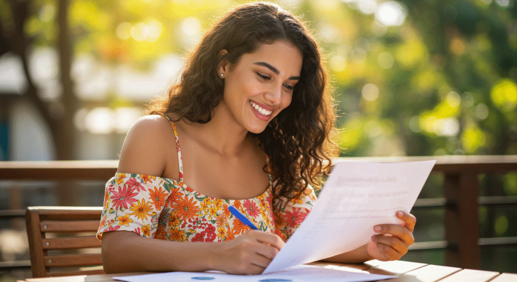 Jovem sorrindo ao revisar metas financeiras com sensação de conquista