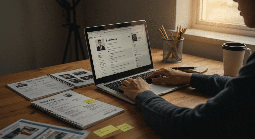 Pessoa criando portfólio profissional no laptop com documentos, certificados e amostras de trabalho organizados na mesa