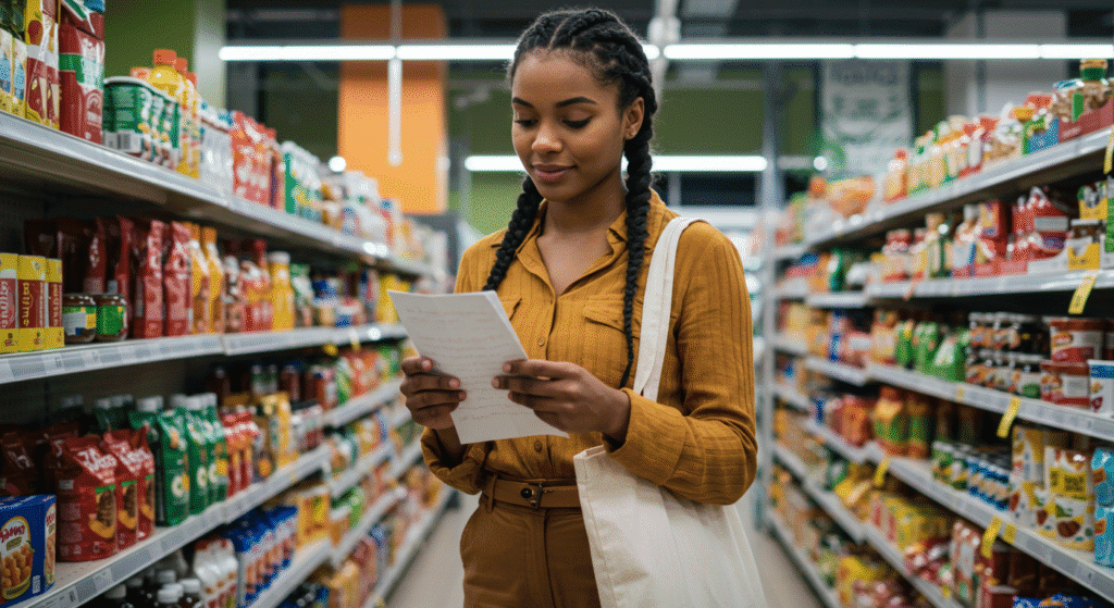 Pessoa fazendo compras de forma consciente e organizada no supermercado