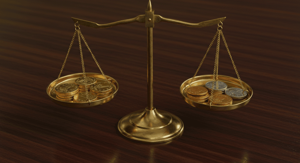 Balança com moedas representando comparação de riscos entre diferentes tipos de investimentos