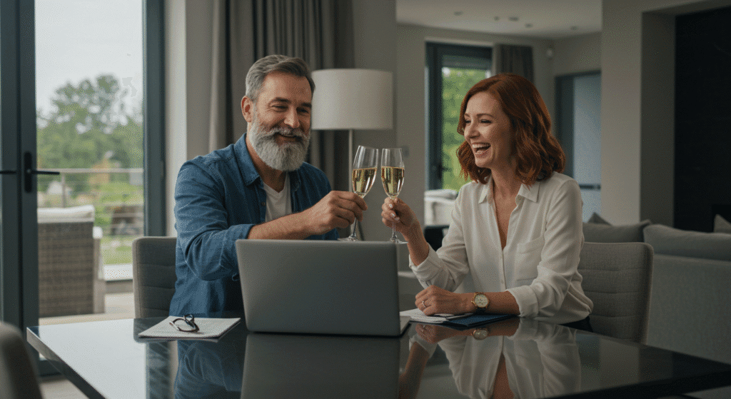 Casal celebrando independência financeira conquistada com investimentos