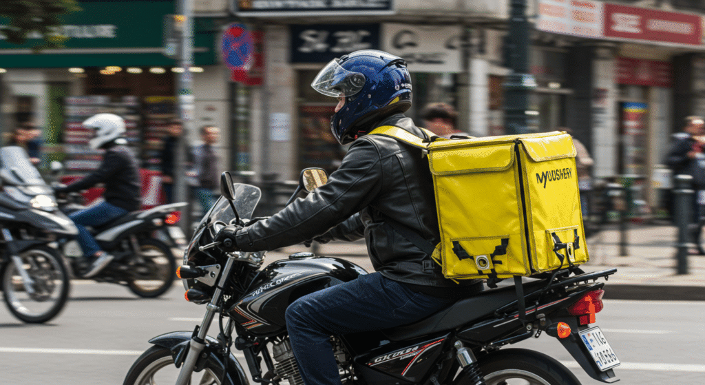 HOMEM TRABALHANDO DE MOTOBOY PARA TER UMA RENDA EXTRA