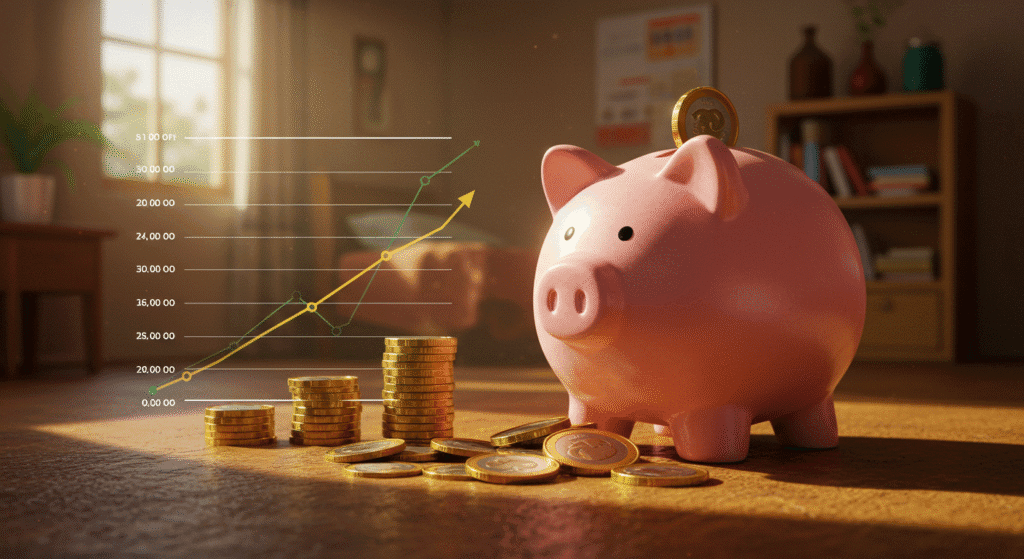 Pequena reserva de emergência crescendo com cofrinho e gráfico de economia semanal
