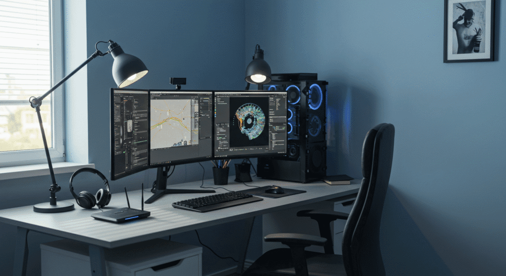 Setup moderno de home office com computador de qualidade, múltiplos monitores e equipamentos profissionais para trabalho remoto