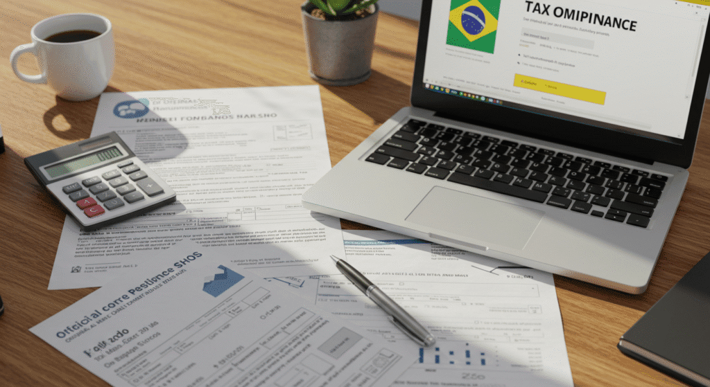 Documentos fiscais brasileiros, calculadora e laptop mostrando site governamental sobre impostos para freelancers