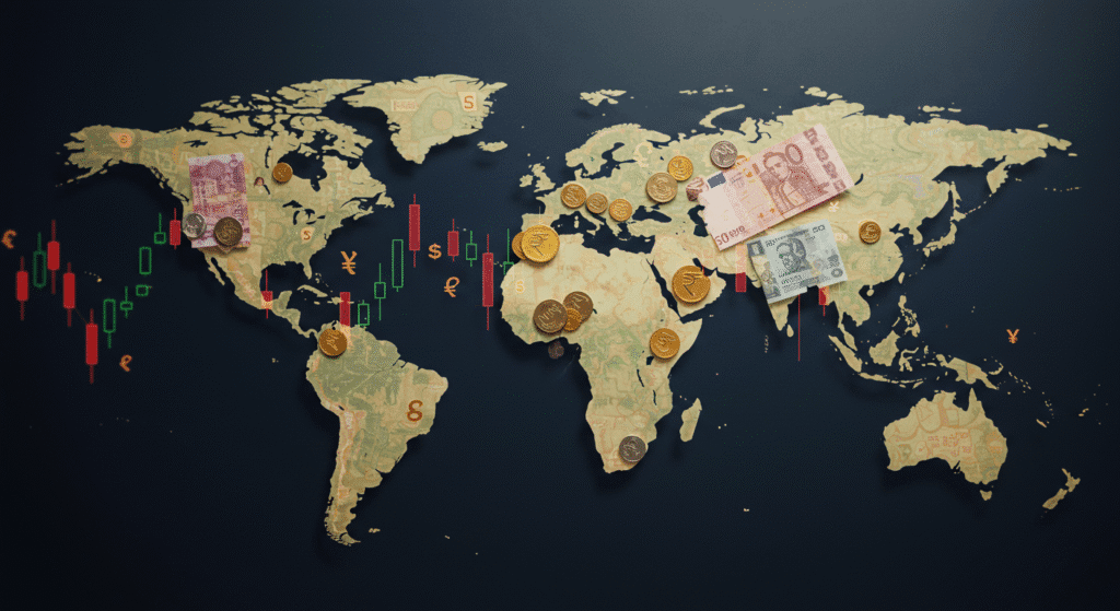 Mapa mundial com símbolos de investimentos internacionais e diferentes moedas