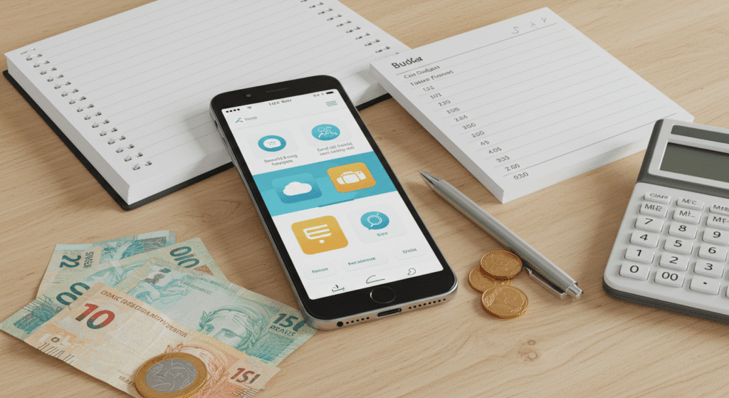 Smartphone com aplicativos de orçamento, caderno e calculadora para controle financeiro semanal