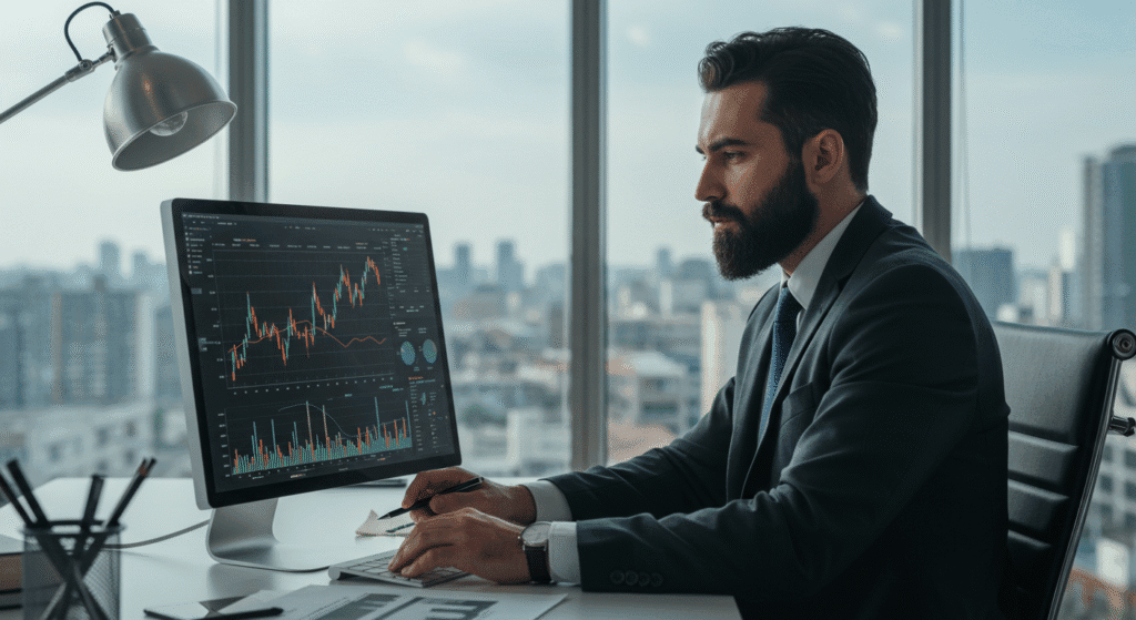 Pessoa analisando gráficos financeiros no computador para calcular retorno de investimentos