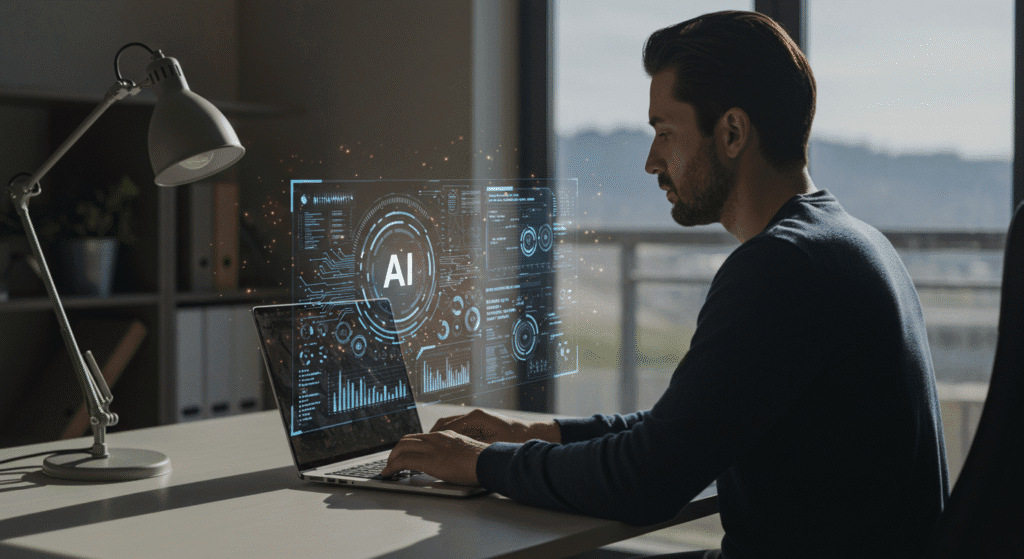 Pessoa trabalhando no laptop com interface de inteligência artificial para criar ebooks