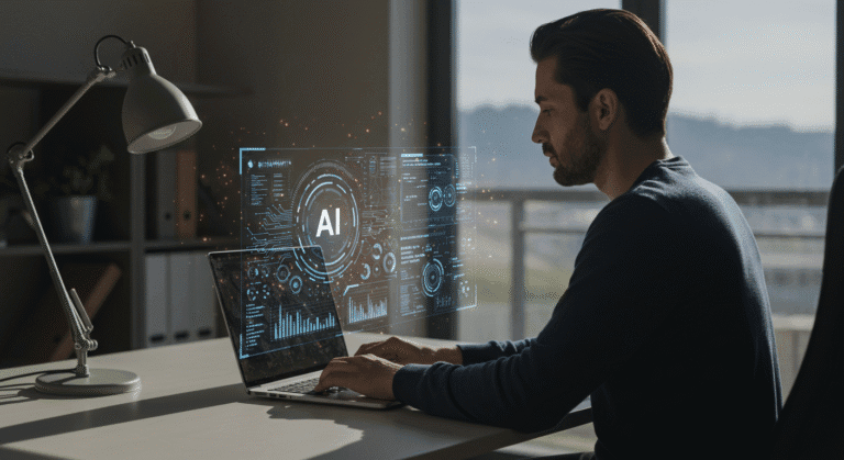 Pessoa trabalhando no laptop com interface de inteligência artificial para criar ebooks