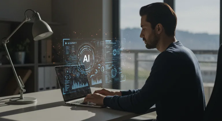 Pessoa trabalhando no laptop com interface de inteligência artificial para criar ebooks