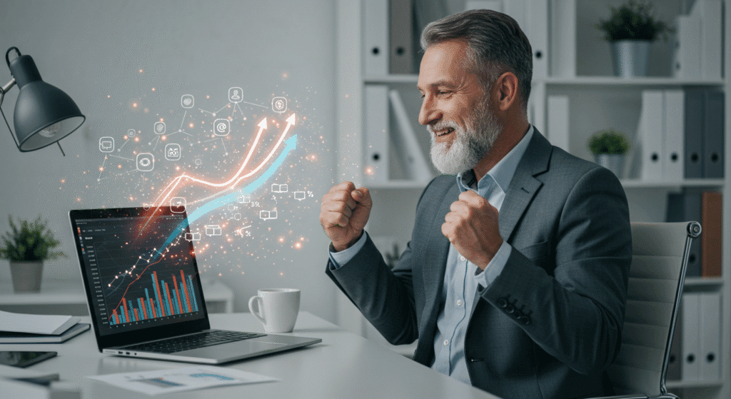 Empreendedor celebrando sucesso financeiro com múltiplas fontes de renda digital