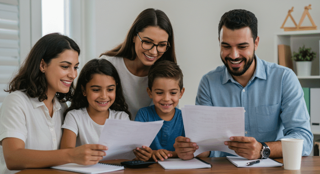 Família brasileira comemorando sucesso financeiro após economizar 500 reais por mês