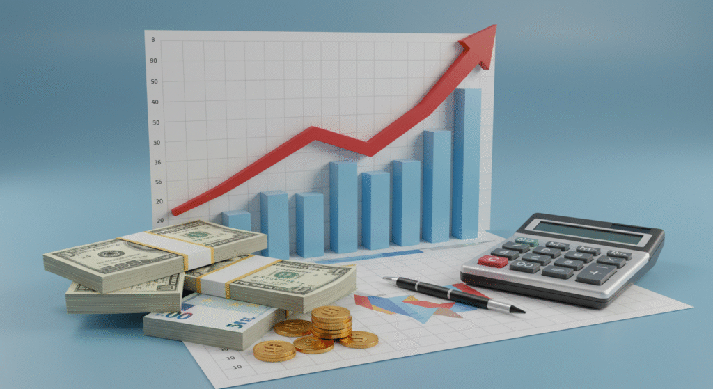 Gráfico de crescimento com calculadora representando sucesso nos retornos reais de investimentos