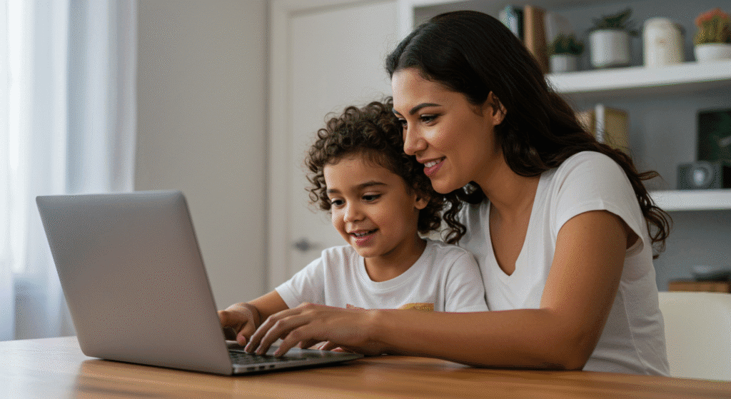 Mãe e filho visualizando crescimento do negócio online, sucesso em família
