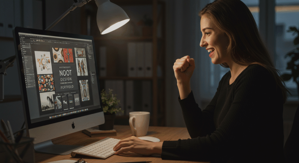 Pessoa celebrando sucesso financeiro com renda extra vendendo templates Canva
