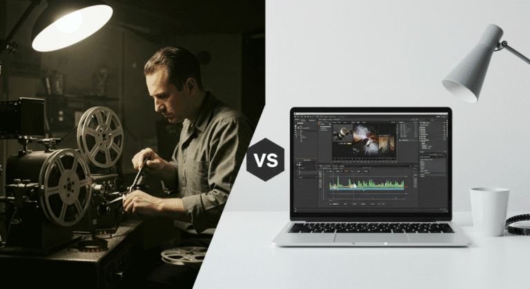 Comparação visual entre criação tradicional de vídeos e produção automatizada com inteligência artificial