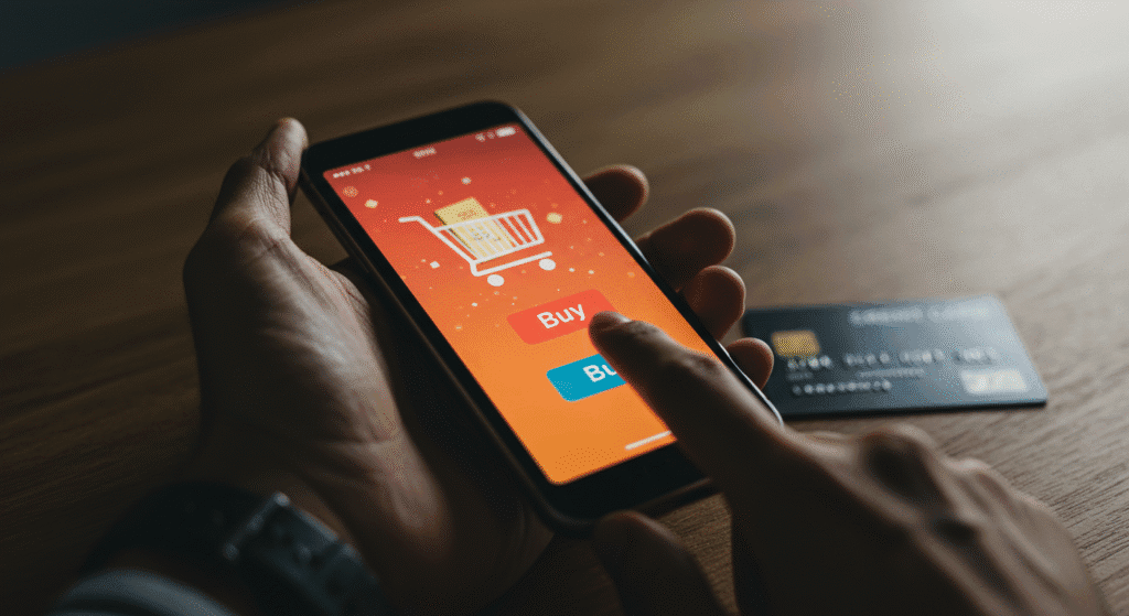 Mãos segurando smartphone com app de compras e cartão de crédito ao lado
