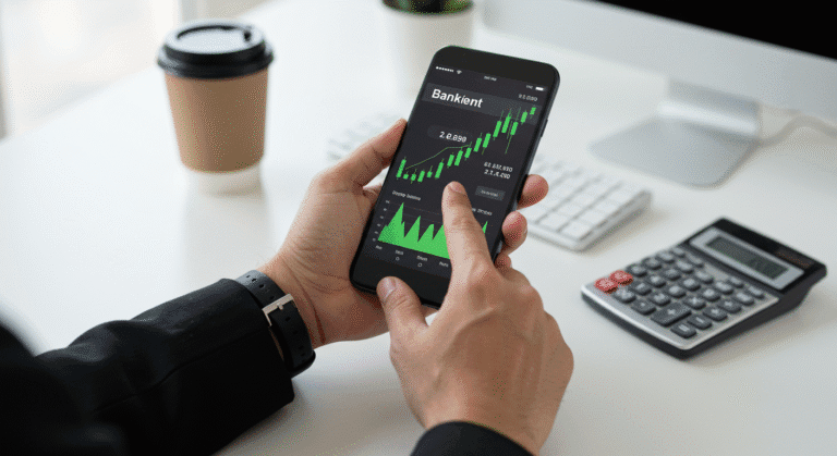 Pessoa usando aplicativo bancário para verificar investimentos com liquidez diária no smartphone