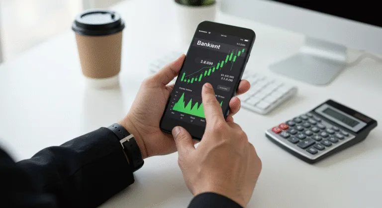 Pessoa usando aplicativo bancário para verificar investimentos com liquidez diária no smartphone