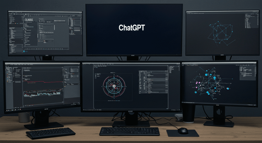 Telas de computador mostrando diferentes ferramentas de IA para criação de conteúdo
