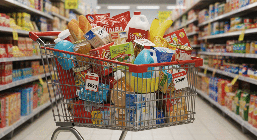 Carrinho de compras mostrando o impacto da inflação nos preços dos produtos