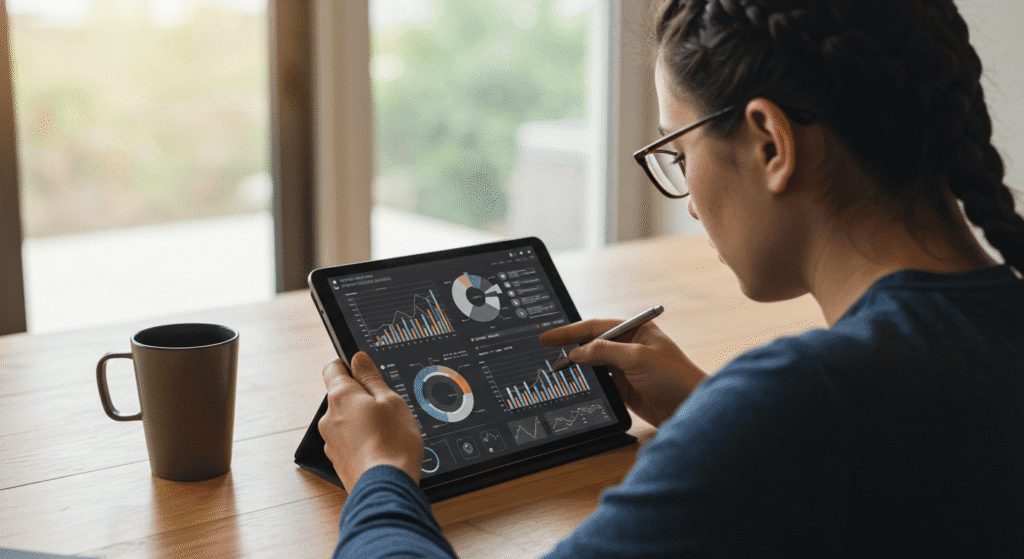Empreendedor analisando dados de pesquisa de mercado para definir nicho de ebooks