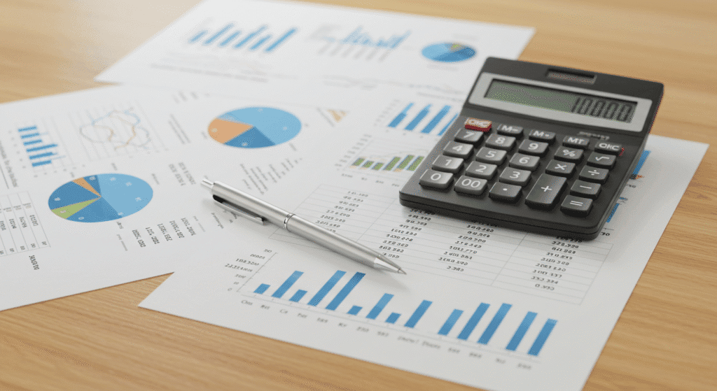 Calculadora e documentos financeiros para cálculo de retorno real de investimentos