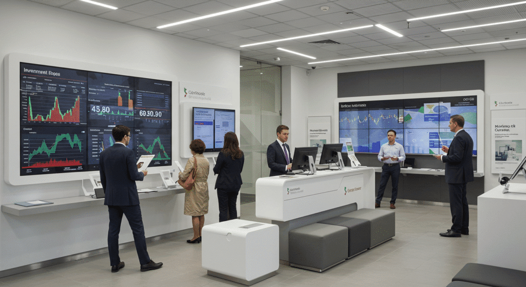 Interior de banco moderno com telas mostrando taxas de CDB com liquidez diária