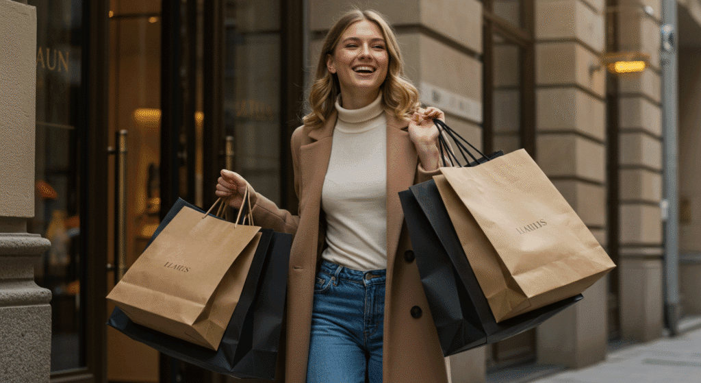 Pessoa feliz saindo de loja de luxo com várias sacolas de compras