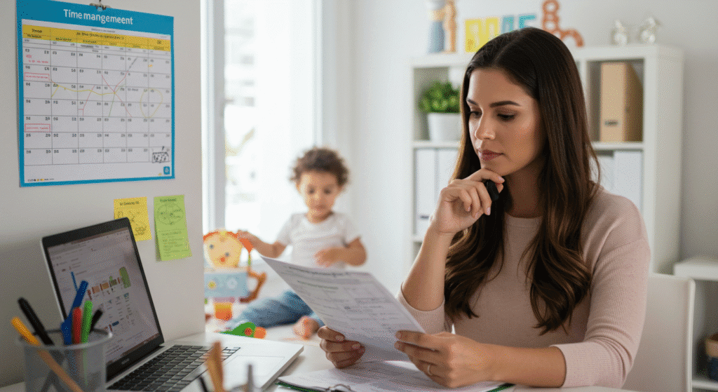 Mãe organizando horários de trabalho e cuidados com os filhos em casa