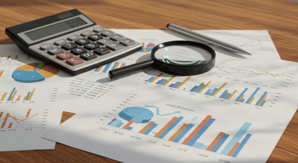 Mesa com calculadora e documentos financeiros para comparar opções de renda fixa