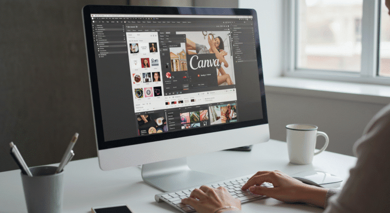 Interface do Canva sendo usada para criar primeiro template de sucesso