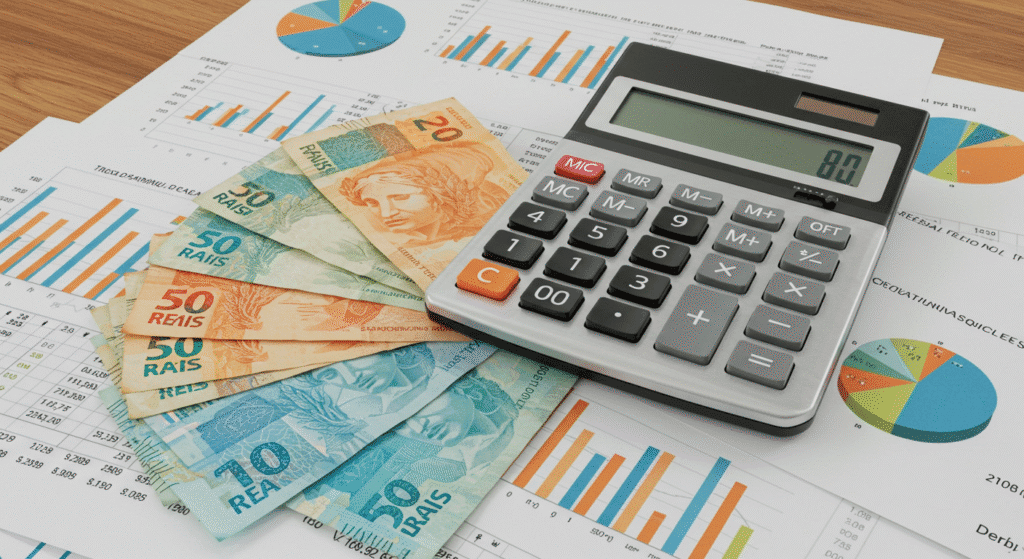 Calculadora e dinheiro brasileiro para calcular proposta de negociação