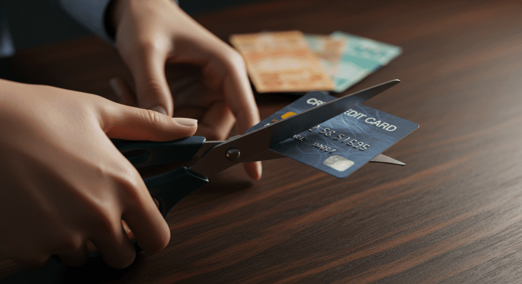 Cartão de crédito cortado simbolizando decisão de parar ciclo de endividamento