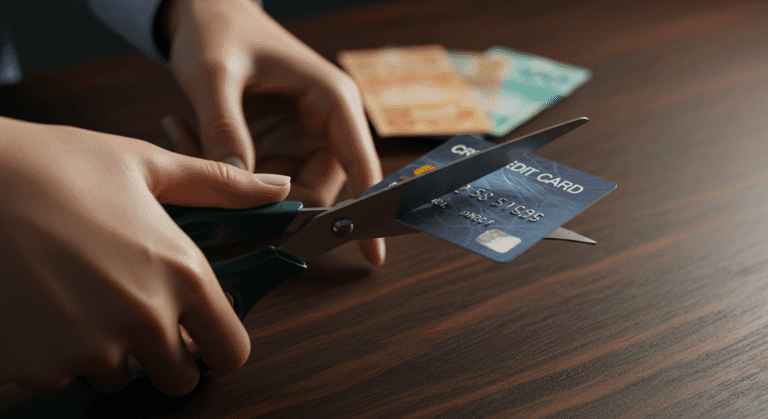 Cartão de crédito cortado simbolizando decisão de parar ciclo de endividamento