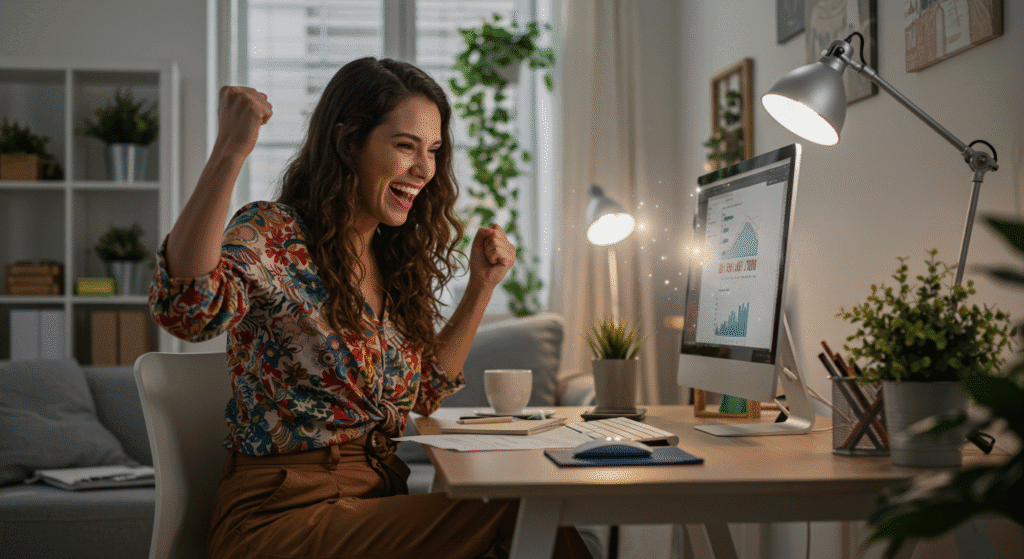 Dona de casa comemorando resultados positivos do trabalho online