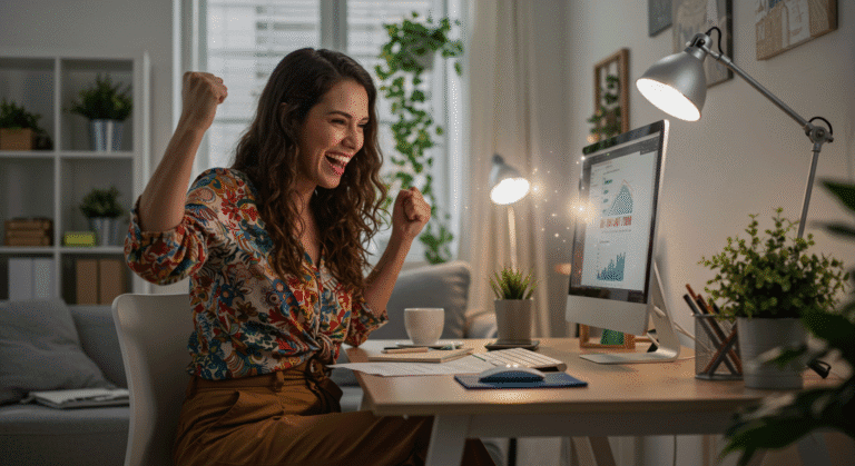Dona de casa comemorando resultados positivos do trabalho online