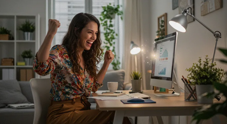 Dona de casa comemorando resultados positivos do trabalho online