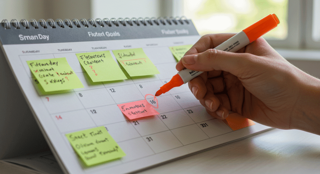 Calendário com metas financeiras marcadas