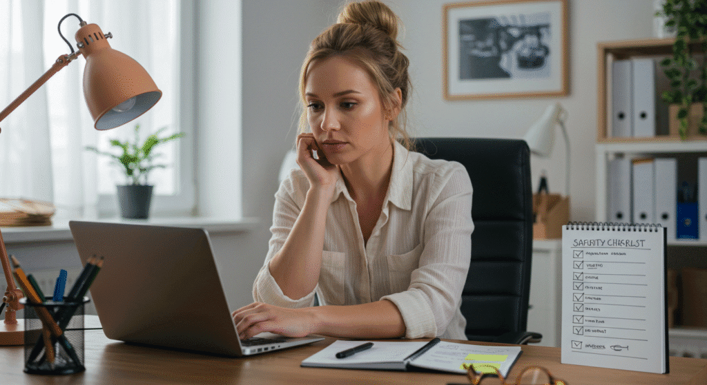 Mulher pesquisando oportunidades online com cuidado para evitar golpes