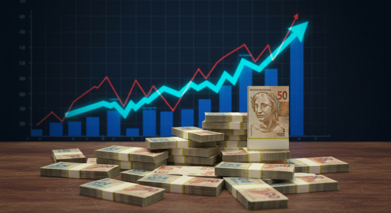 Notas de real em pilhas crescentes representando ganhos com renda fixa